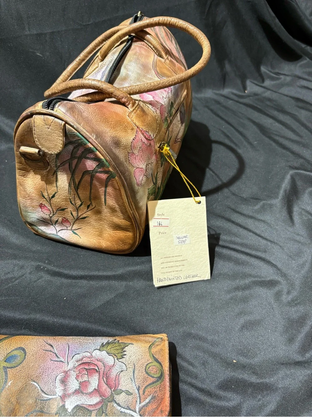 Hand-Painted Floral Leather Satchel and Wallet – Brown & Pink